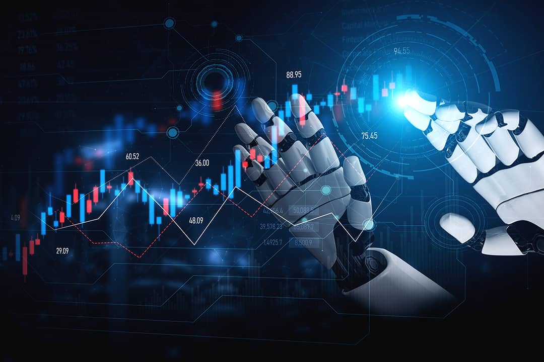 Robotic hands identifying trading and stock charts as a concept of an AI trading agent.